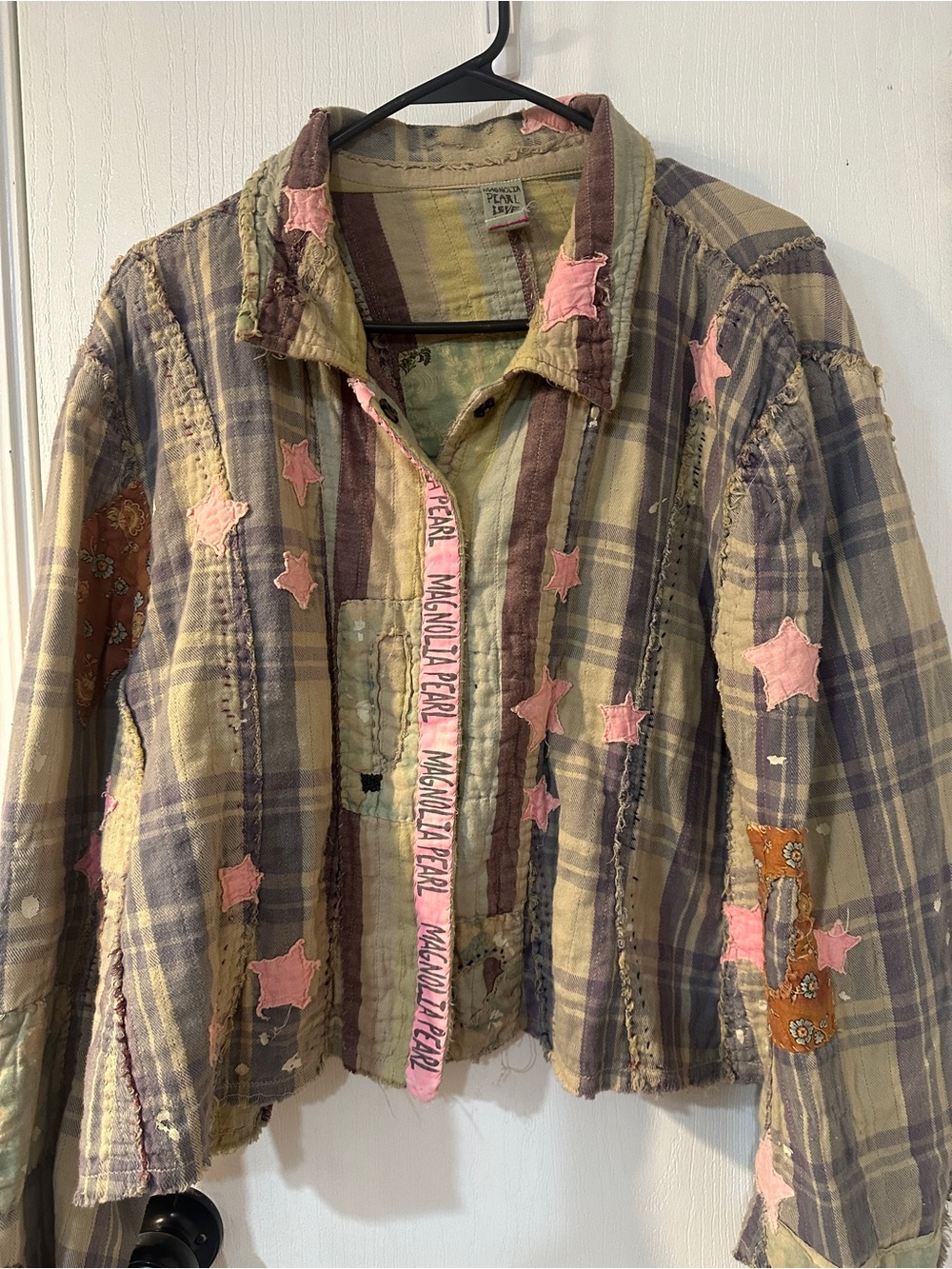 Handcrafted Patchwork Plaid Jacket with Pink Star Accents